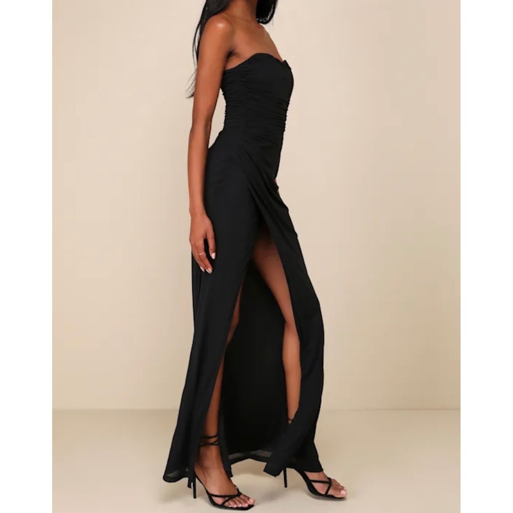 Lulus Epitome of Allure Black Mesh Strapless Ruched Maxi Dress NBD6304 Womens L - Picture 2 of 12